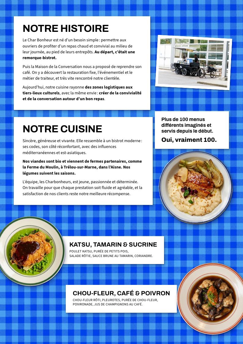 Page 2 : notre histoire, notre cuisine et quelques plats de la carte
