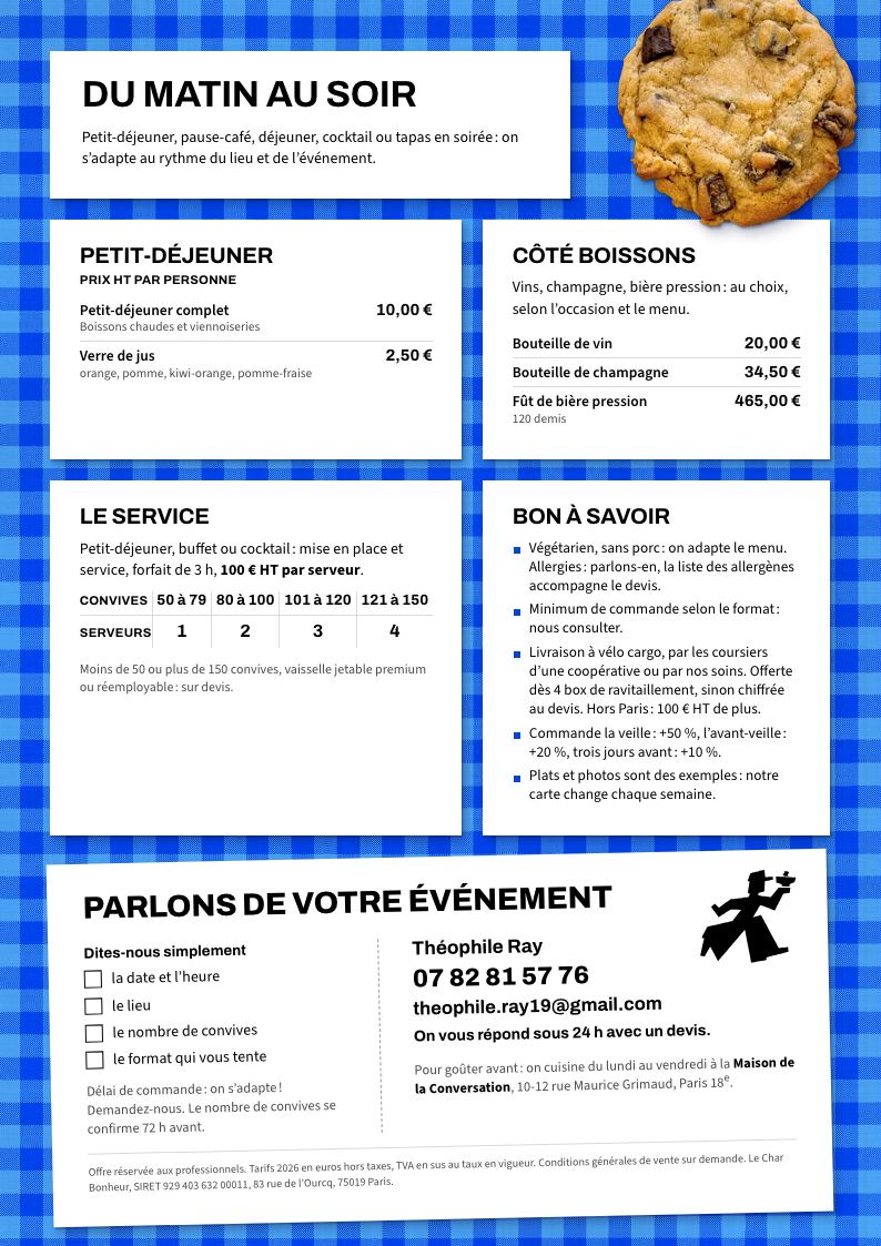 Page 4 : petit-déjeuner, boissons, service, conditions et contact